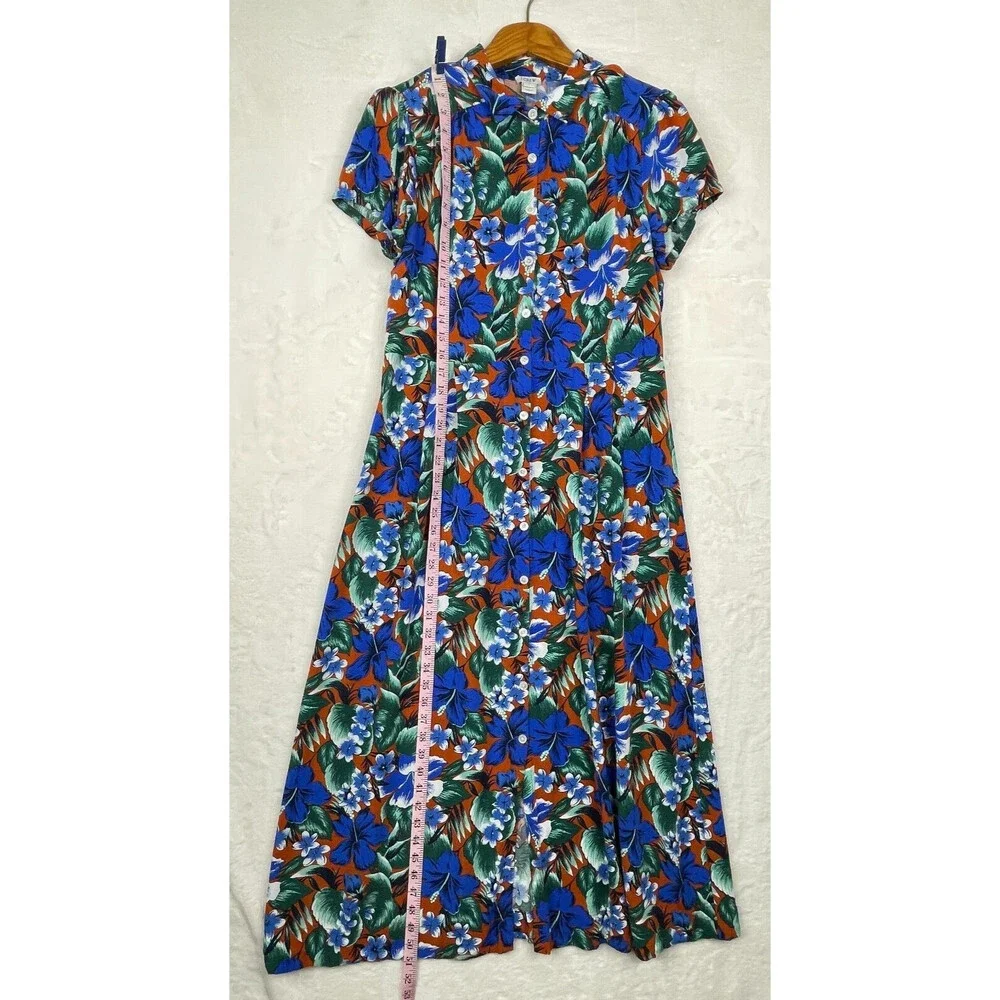 J Crew Maxi Dress Womens Large Blue Multi Floral Botanical Boho Short Sleeves - Picture 11 of 14
